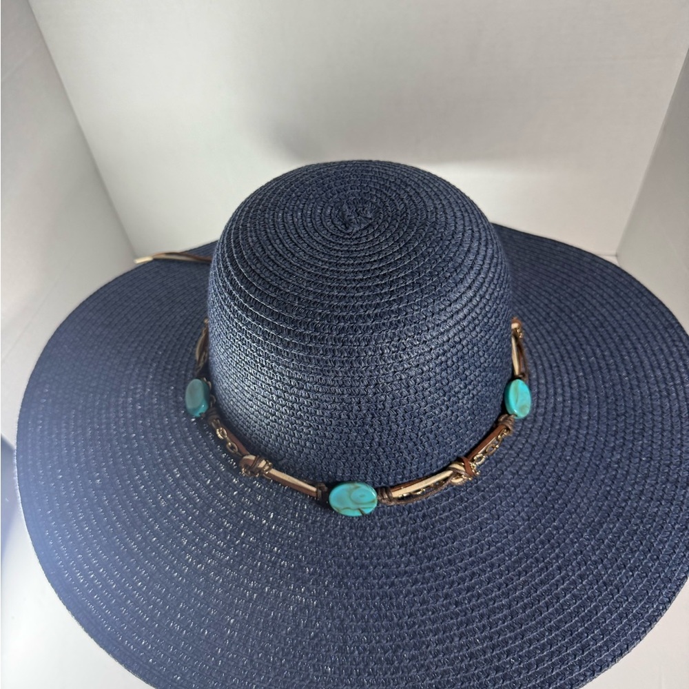 Elegant Navy Wide-Brim Hat with Turquoise Accents - Picture 2 of 6